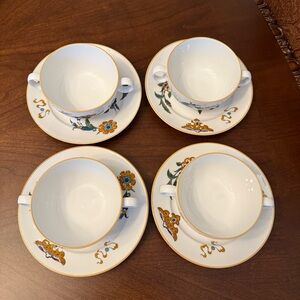Set of 4 VTG. Royal Worcester Palmyra Double Handled Cream Soup Cups & Saucers